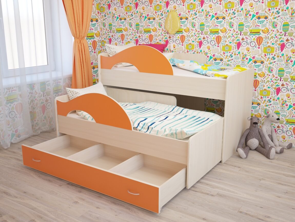  Кровать двухъярусная выкатная Матрешка с ящиком дуб-оранж 